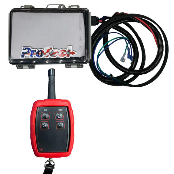 ProTool Skid Nexus Remote Start Stop Engine Kit, an electronic remote control system with a control box and a handheld remote, designed for vehicle engine remote start and stop.
