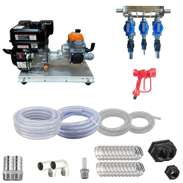 ProTool Gas Soft Wash Starter Kit, image showing a gas-powered motorized pump, blue multi-jet nozzles, a red spray gun, flexible hoses, connectors, and spray tips for soft washing.