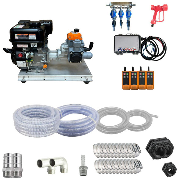 ProTool Gas Soft Wash Starter Kit with Skid Nexus Rinse, including gas-powered washer, hoses, spray guns, remote controls, and accessories for soft washing and exterior cleaning.