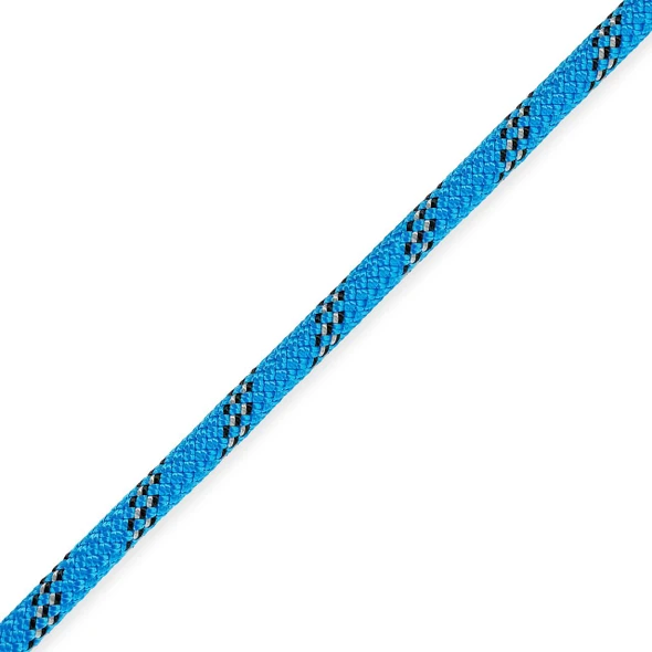 Marlow Gravitas 7/16 inch Rope 600ft, close-up of a durable blue rope with black and white accents, showing its textured braided surface.