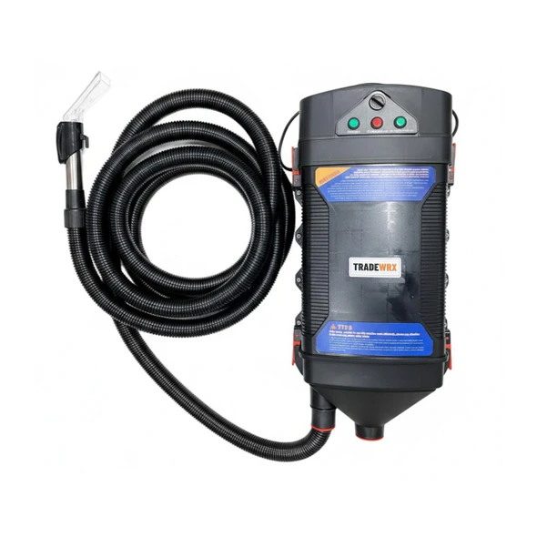 TRADEWRX Wall Mount Vacuum For Mobile Detailing, black wall-mounted vacuum system with a long flexible hose and control panel on top for car detailing.