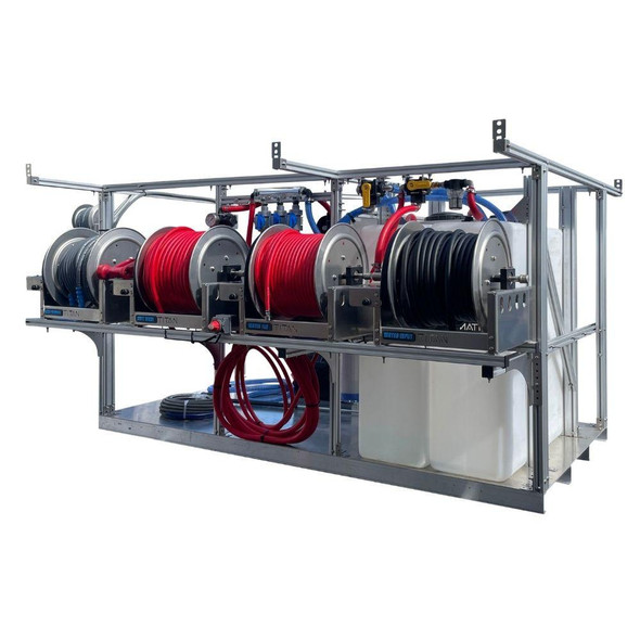 ProTool House Wash & Window Cleaning Skid, industrial cleaning equipment with hoses and reels for house washing and window cleaning.