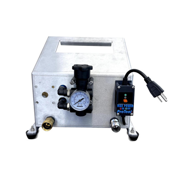 ProTool HydroBoost Portable Water Fed Pole Booster Pump, compact metal water fed pole booster pump with pressure gauge, control switch, and power cord.