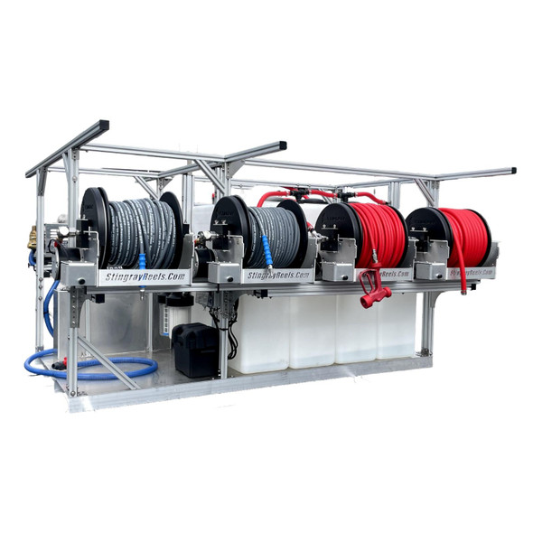 ProTool Dual User Pressure Washing Soft Washing Simple Skid, industrial pressure washing equipment with hoses and reels.