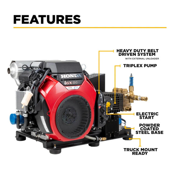 BE 10.0 GPM 3500 PSI Cold Water Gas Pressure Washer, feature diagram showing a Honda engine, heavy-duty belt-driven system with external unloader, triplex pump, electric start, powder-coated steel base, and truck-mount-ready design.