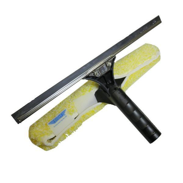 Ettore BackFlip Combination Squeege and Washer, close up of the cleaning tool featuring a yellow microfiber washer and a black handle with squeegee for window cleaning.