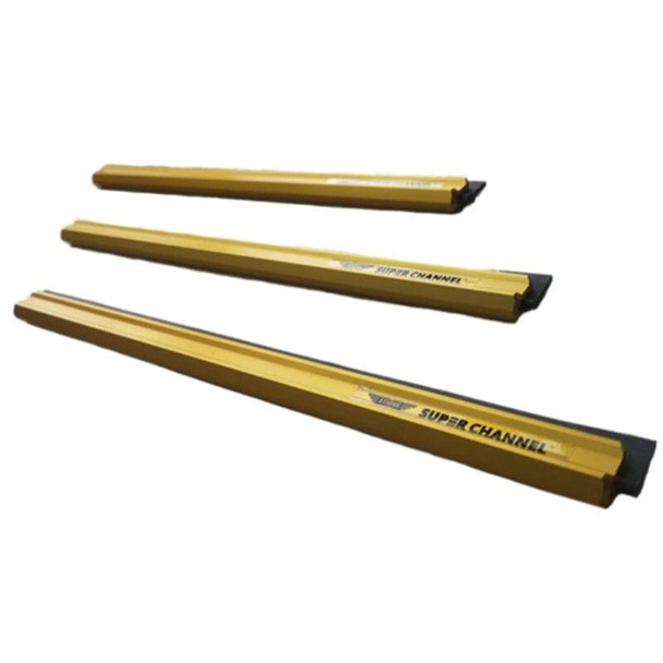 Ettore Super Channel Aluminum, image showing three yellow aluminum super channel bars used for construction or industrial purposes.