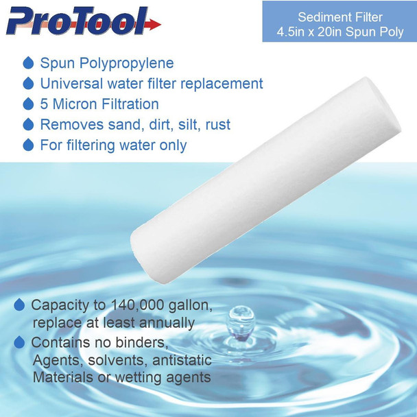 ProTool Sediment Filter 4.5in x 20in Spun Poly, cylindrical white water filter for sediment removal, suitable for water filtration systems.