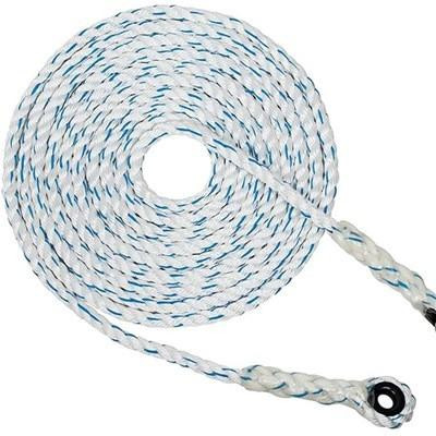 J.Racenstein Roof Work Fall Protection Kit, Coiled white and blue safety rope with metal and plastic components.