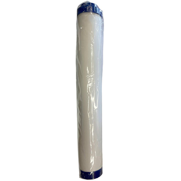 J.Racenstein Cartridge Empty 2.5in x 20in Blue, a tall, cylindrical water filter cartridge with a white pleated exterior and blue caps on both ends, sealed in clear plastic packaging.