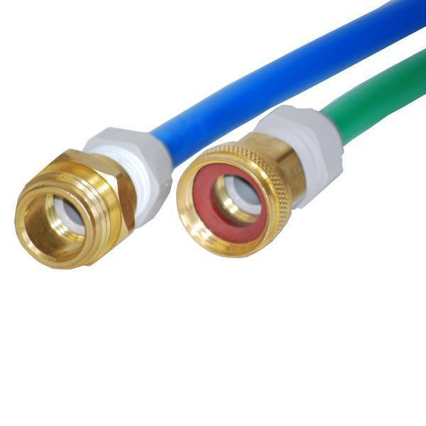 ProTool DI Inlet/Outlet, brass fittings with blue and green hoses connected for fluid transfer.