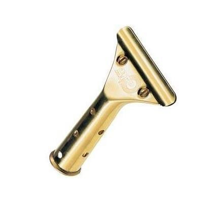 Unger Golden Clip Brass Squeegee Handle, close-up of gold-colored metal squeegee handle with a cylindrical grip and screw holes for attachment.