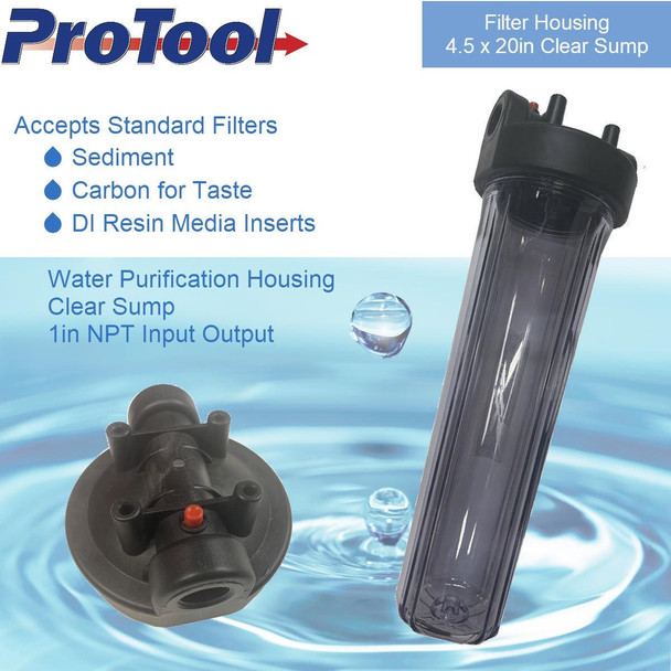 ProTool Filter Housing 4.5x20in with Clear Sump, transparent water filtration filter housing with input and output ports for water purification systems.