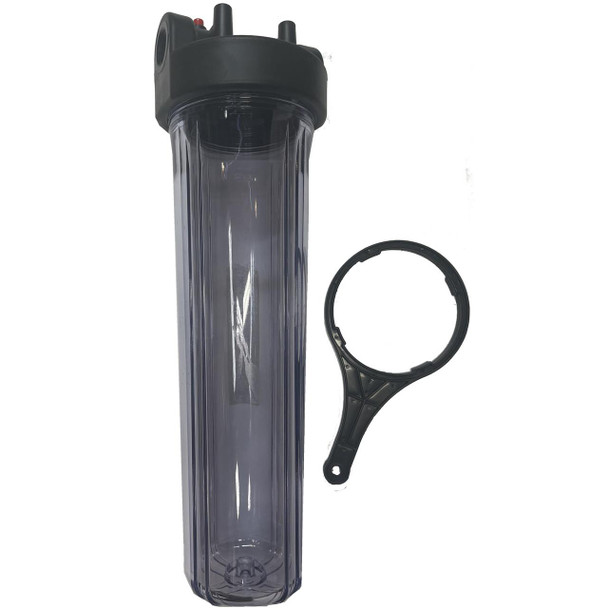 ProTool Filter Housing 4.5x20in with Clear Sump, transparent water filter housing with a black top and a separate mounting bracket.