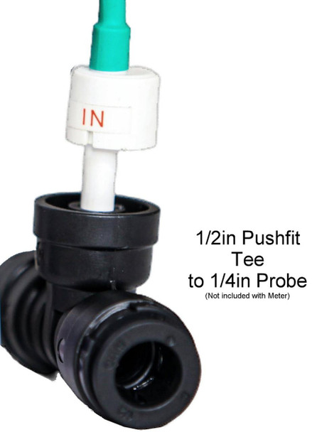 ProTool TDS Inline Meter, includes a 1/4 inch probe and a 1/2 inch pushfit Tee for plumbing and fluid measurement.