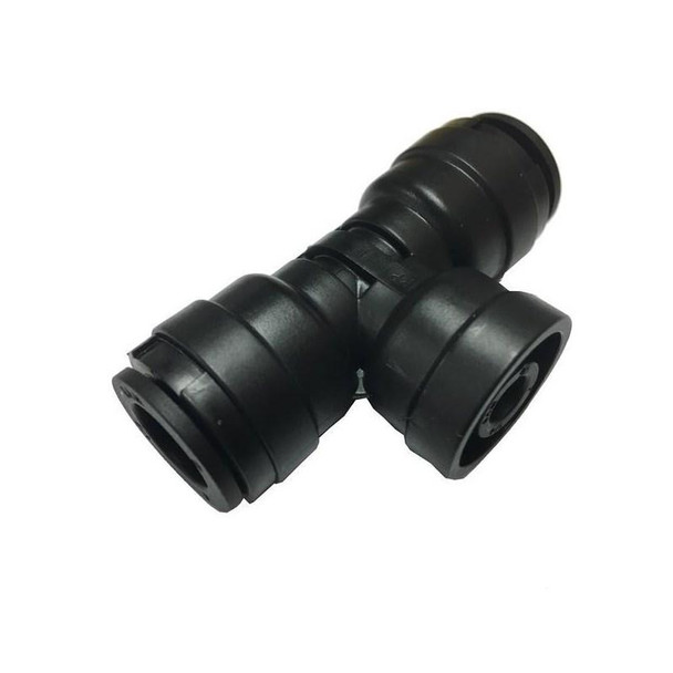 ProTool TDS Inline Meter with 1/4 Tee connector, black plastic pipe fitting for fluid measurement.