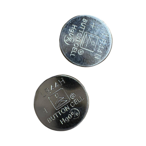 ProTool LR44H Battery (2) for TDS Meters, two silver button cell batteries with engraved specifications and symbols.
