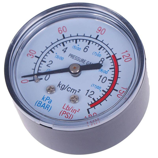 ProTool Pressure Gauge 180psi Max, round analog pressure gauge with black and red markings, measuring pressure in psi, kPa, BAR, and kg/cm², suitable for tools and industrial applications.