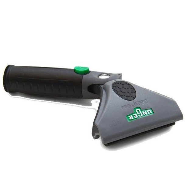 Unger Handle ErgoTec Ninja, ergonomic window cleaning tool with black handle and grey squeegee head featuring green accents.