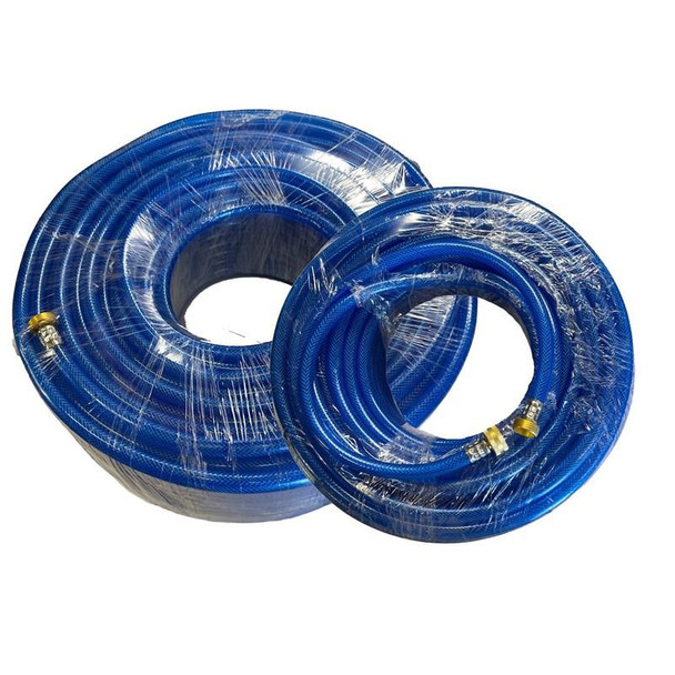 ProTool Hose 3/8in Blue Braided, coiled blue braided hydraulic hose in two sizes with brass fittings, wrapped in protective plastic.