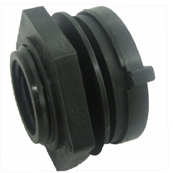 ProTool Bulkhead Fitting 1in, black plastic bulkhead fitting with rubber gasket for plumbing or industrial applications.
