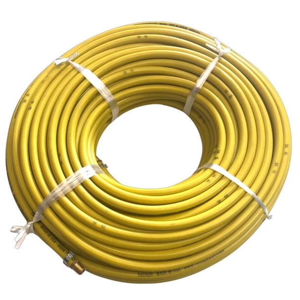 J.Racenstein Operator Hose 1/4in Water Fed Delivery 250ft Yellow Rubber, coiled yellow rubber water hose with metal fittings for water delivery.