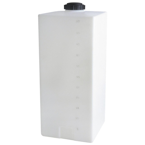 ProTool Tank 55 gal Vertical with Bulkhead, large white vertical storage tank with measurement markings and a black cap on top.