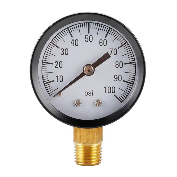 ProTool Pressure Gauge 100psi Max 1/4in, a round pressure gauge with a white face, black markings, and a brass fitting at the bottom.