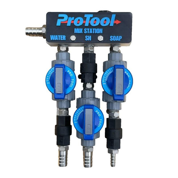 ProTool Soft Wash Metering Block, industrial water and soap mixing station with three blue control valves and a black top unit for soft washing applications.