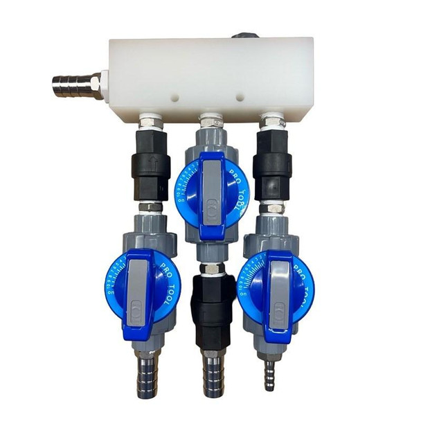 ProTool Soft Wash Metering System Reel Stand, a water control device with three blue dial valves and a white mounting box.