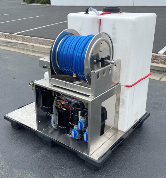 ProTool Tank 80gal Vertical NO Bulkhead 18x27x44, industrial water supply system with a large white tank, blue hose reel, and pump components.