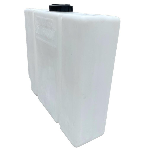 J.Racenstein Slim Line 100 Gallon Water Tank Water Dragon, white slim rectangular water storage tank with a black lid on top.