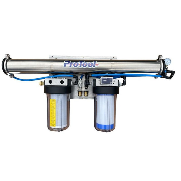 ProTool HydroPanel Mini RODI Wall Mount, compact water purification system with dual filters and pressure gauge for clean, regulated water supply.