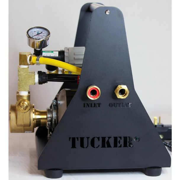 J.Racenstein Boost Pump 110v 1/2hp, industrial booster pump with brass inlet and outlet fittings, pressure gauge, yellow hose, mounted on a black metal frame with Tucker branding.