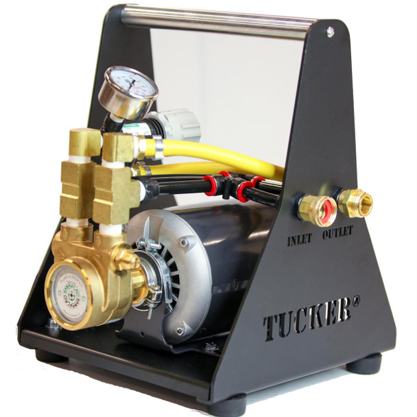 J.Racenstein Boost Pump 110v 1/2hp, compact industrial pump with brass fittings, pressure gauge, and motor housed in a black metal frame.