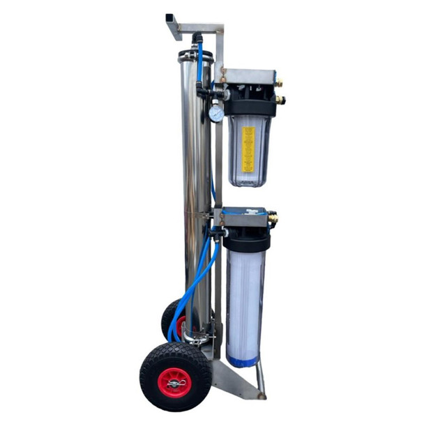 ProTool Ultimate Residential Kit, a portable water filtration and purification system with dual filter housings, a stainless steel frame, and red wheels for mobility.