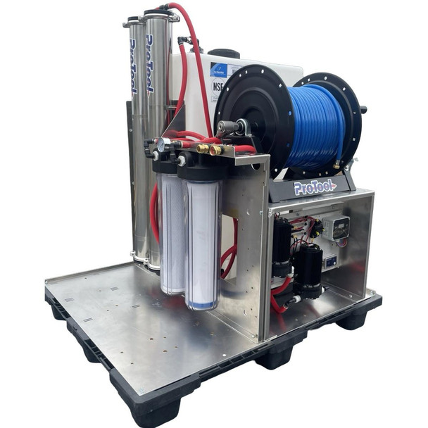 ProTool Pure Water Skid Single User with 1 Reel, industrial water purification equipment with stainless steel components and blue water hose.