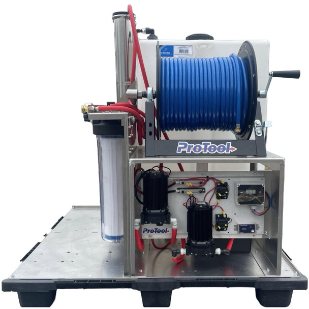 ProTool Pure Water Skid Single User with 1 Reel, industrial water purification and filtration system, compact metal frame, blue coiled hose, electronic controls, and water filtration components.