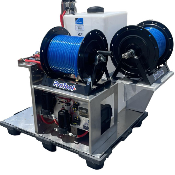 ProTool Pure Water Skid Single User with 2 Reels, industrial water purification system featuring dual large blue water reels mounted on a stainless steel frame.