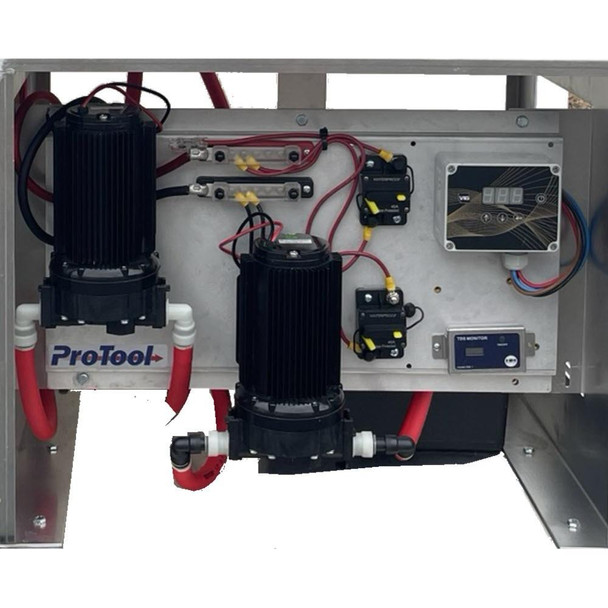 ProTool Pure Water Skid Single User with 2 Reels, industrial water filtration system with dual pumps, control panel, and wiring.