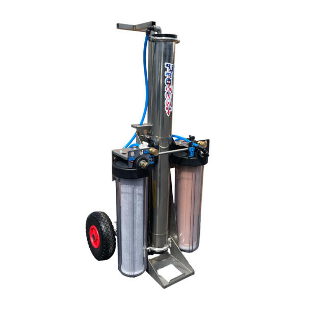 ProTool SS RODI Cart Gardiner SLX 39ft Kit, professional reverse osmosis and deionization water filtration system with dual filter housings, blue and black components, and wheels for mobility.