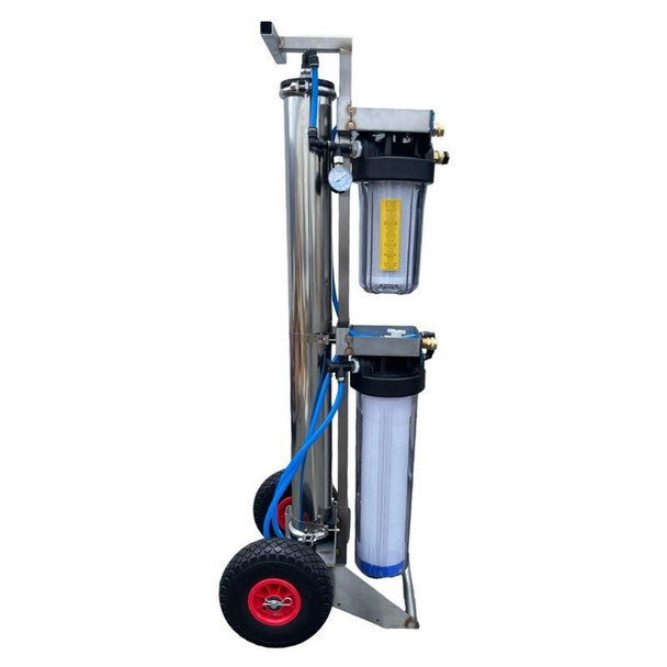 ProTool 511 Pure Water Cart, mobile water filtration system with two transparent filter housings mounted on a wheeled stainless steel frame.