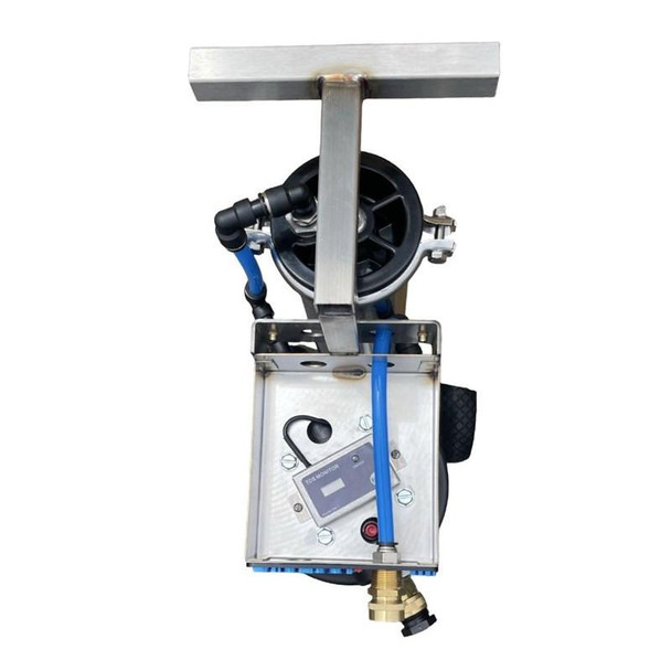 ProTool 511 Pure Water Cart, top view of this mobile water filtration and dispensing unit with a metal frame, hoses, and control system.