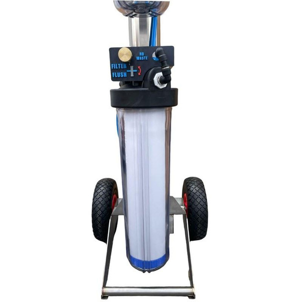 ProTool 511 Pure Water Cart, upright device with transparent water filtration system, two large wheels for mobility, and a control panel with filter flush and waste outlet.