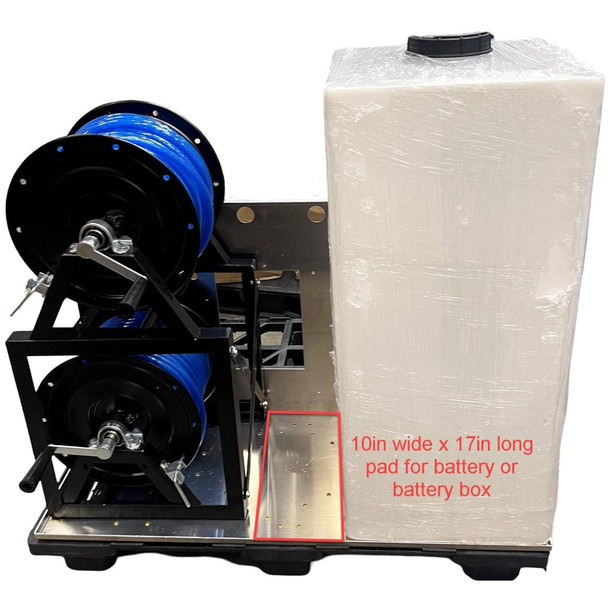 ProTool Dual User Pure Water Mini Skid, compact water purification system with dual water hoses on black spools and a large white storage tank.