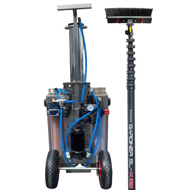 ProTool SS Ultra Cart and Gardiner 39ft Kit, industrial-powered gardening cart with a tall, vertical metal frame, pneumatic wheels, hoses, gauges, and a long extendable black and yellow gardening arm.