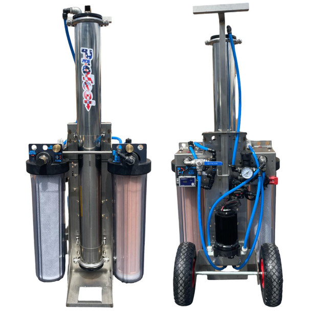 ProTool HiFlo Pure Water Ultra Cart SS 12V or 110V, industrial water purification system with stainless steel construction, dual filters, and portable wheels for easy mobility.