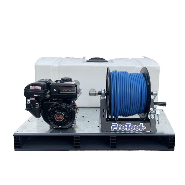 ProTool Solar Delivery Skid Low Profile 70 gal, portable solar water delivery system with 70-gallon tank, 212cc Predator engine, and blue hose reel.