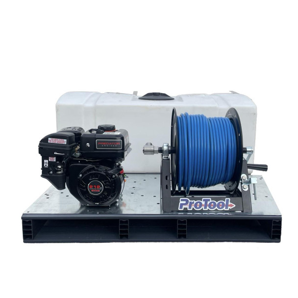 ProTool Solar Delivery Skid Low Profile 70 gal, portable solar water heating system with a blue hose reel, gasoline engine, and white storage tank.