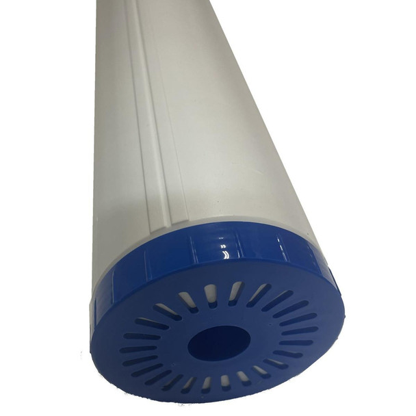 ProTool DI Cartridge Empty 4.5in x 20in, a large white and blue filter cartridge used in water purification systems.